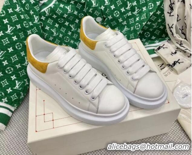 Top Design Alexander McQueen Oversized Sneakers in White Silky Calfskin with Yellow Suede Back 072315