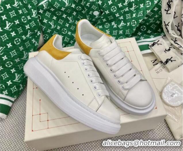 Top Design Alexander McQueen Oversized Sneakers in White Silky Calfskin with Yellow Suede Back 072315