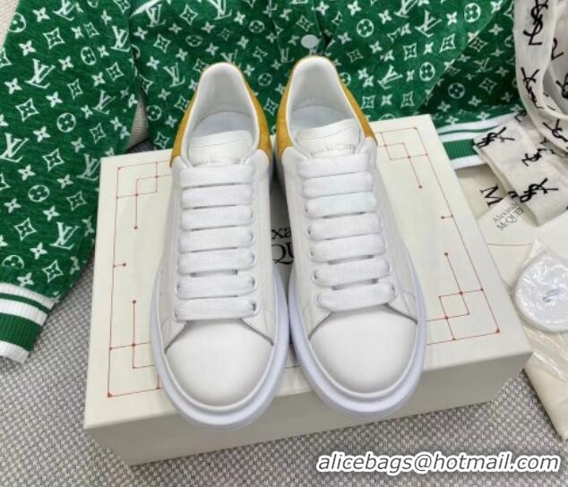 Top Design Alexander McQueen Oversized Sneakers in White Silky Calfskin with Yellow Suede Back 072315