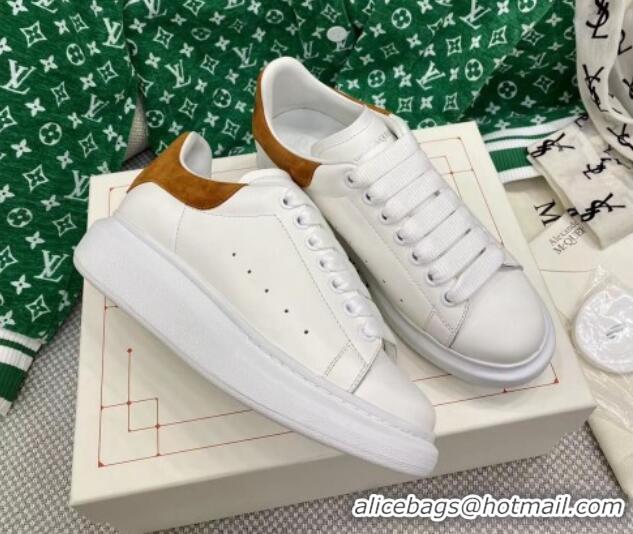 Good Looking Alexander McQueen Oversized Sneakers in White Silky Calfskin with Gold Suede Back 072318