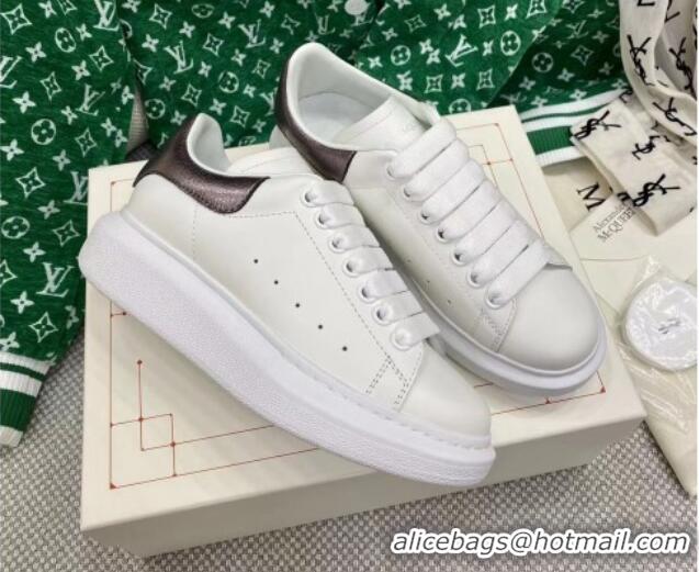 Good Product Alexander McQueen Oversized Sneakers in White Silky Calfskin with Grey Metallic Back 072320