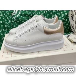 Grade Quality Alexander McQueen Oversized Sneakers in White Silky Calfskin with Gold Metallic Back 072321