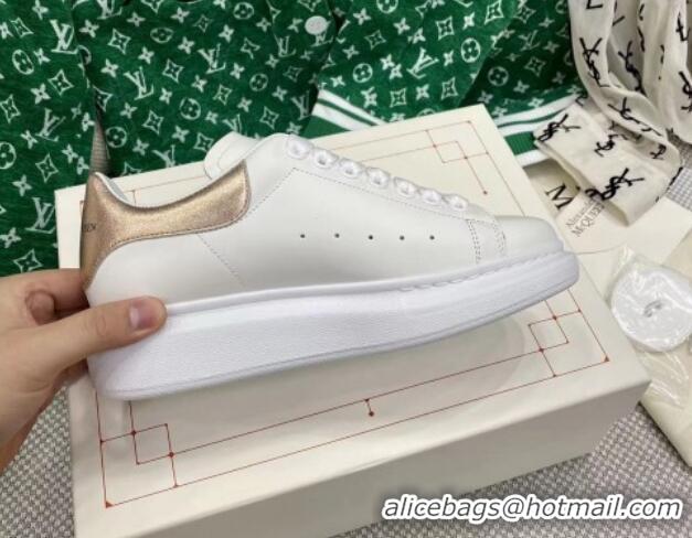 Grade Quality Alexander McQueen Oversized Sneakers in White Silky Calfskin with Gold Metallic Back 072321