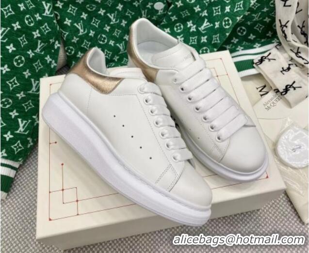 Grade Quality Alexander McQueen Oversized Sneakers in White Silky Calfskin with Gold Metallic Back 072321