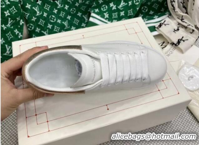 Grade Quality Alexander McQueen Oversized Sneakers in White Silky Calfskin with Gold Metallic Back 072321