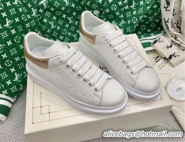 Grade Quality Alexander McQueen Oversized Sneakers in White Silky Calfskin with Gold Metallic Back 072321