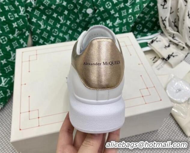 Grade Quality Alexander McQueen Oversized Sneakers in White Silky Calfskin with Gold Metallic Back 072321