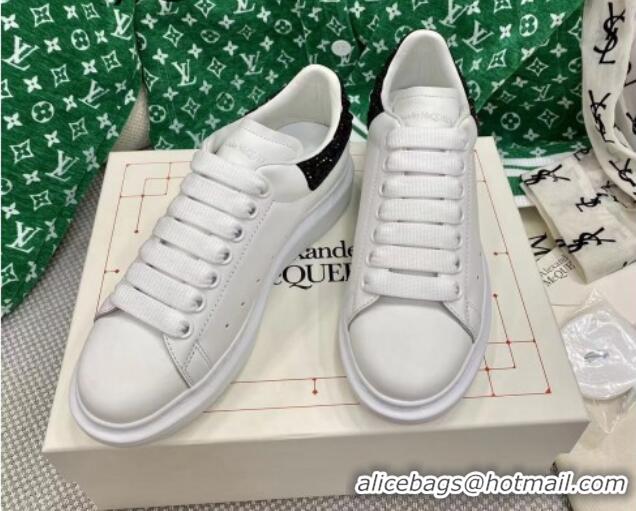 Luxury Alexander McQueen Oversized Sneakers in White Silky Calfskin with Black Crystal Back 072322