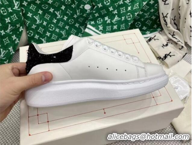 Luxury Alexander McQueen Oversized Sneakers in White Silky Calfskin with Black Crystal Back 072322