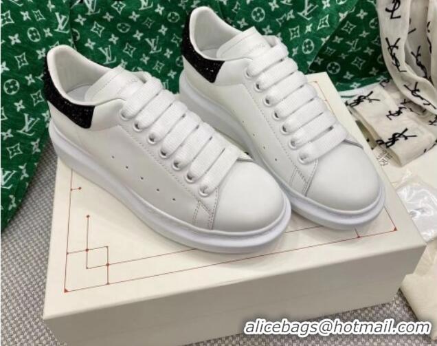 Luxury Alexander McQueen Oversized Sneakers in White Silky Calfskin with Black Crystal Back 072322