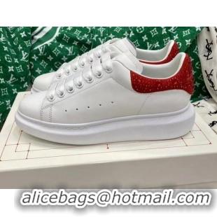 Popular Style Alexander McQueen Oversized Sneakers in White Silky Calfskin with Red Crystal Back 072323