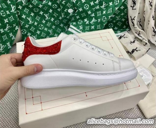 Popular Style Alexander McQueen Oversized Sneakers in White Silky Calfskin with Red Crystal Back 072323