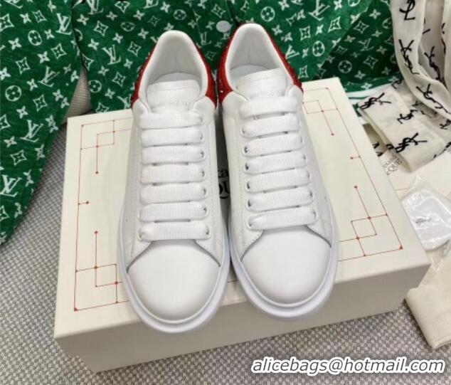 Popular Style Alexander McQueen Oversized Sneakers in White Silky Calfskin with Red Crystal Back 072323