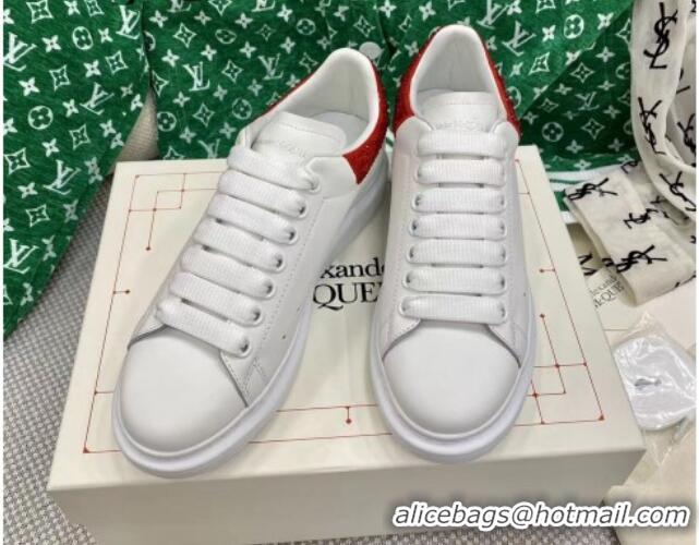 Popular Style Alexander McQueen Oversized Sneakers in White Silky Calfskin with Red Crystal Back 072323