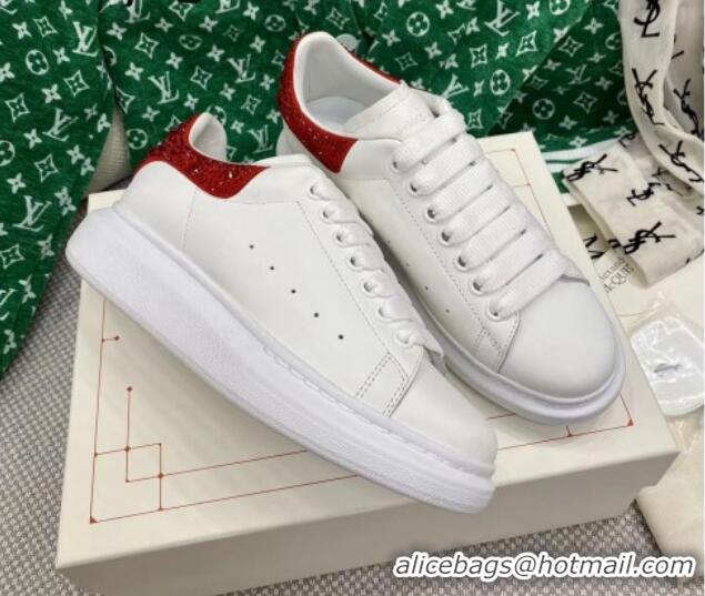 Popular Style Alexander McQueen Oversized Sneakers in White Silky Calfskin with Red Crystal Back 072323