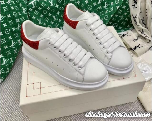 Popular Style Alexander McQueen Oversized Sneakers in White Silky Calfskin with Red Crystal Back 072323