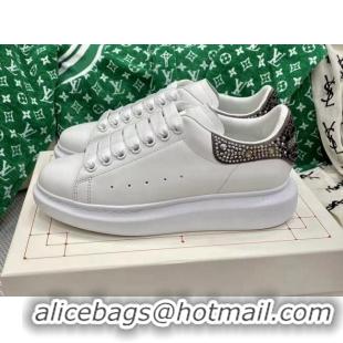 Best Price Alexander McQueen Oversized Sneakers in White Silky Calfskin with Grey Crystal Back 072324