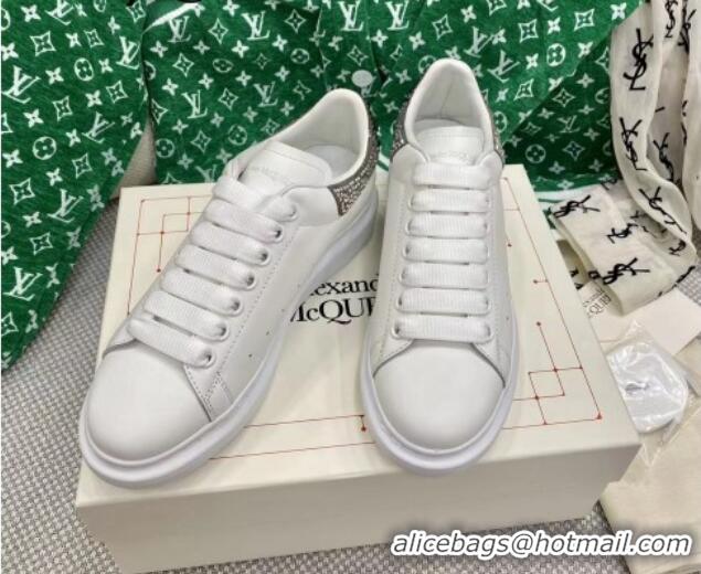 Best Price Alexander McQueen Oversized Sneakers in White Silky Calfskin with Grey Crystal Back 072324