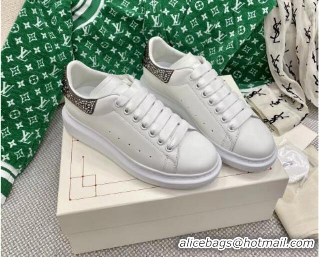 Best Price Alexander McQueen Oversized Sneakers in White Silky Calfskin with Grey Crystal Back 072324