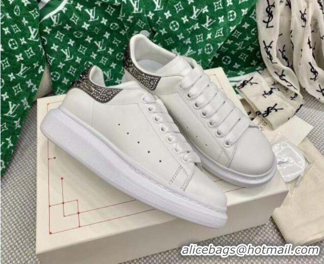 Best Price Alexander McQueen Oversized Sneakers in White Silky Calfskin with Grey Crystal Back 072324