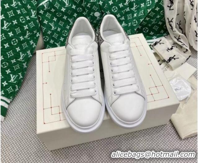 Best Price Alexander McQueen Oversized Sneakers in White Silky Calfskin with Grey Crystal Back 072324