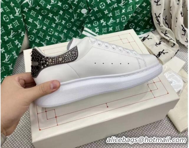 Best Price Alexander McQueen Oversized Sneakers in White Silky Calfskin with Grey Crystal Back 072324