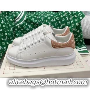 Sumptuous Alexander McQueen Oversized Sneakers in White Silky Calfskin with Apricot Crystal Back 072325