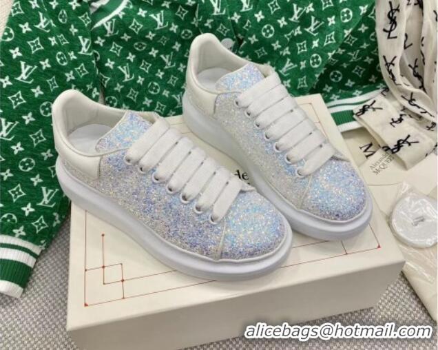 Pretty Style Alexander McQueen Oversized Sneakers in Overall Crystal Silver/Blue 072326