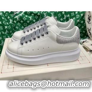 Grade Quality Alexander McQueen Oversized Sneakers in White Silky Calfskin with Sequins Suede Back Silver 072328