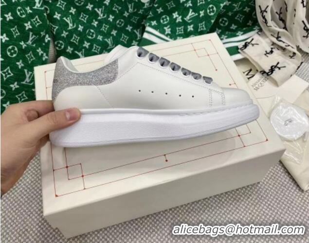 Grade Quality Alexander McQueen Oversized Sneakers in White Silky Calfskin with Sequins Suede Back Silver 072328