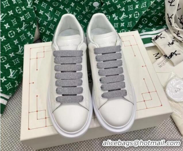 Grade Quality Alexander McQueen Oversized Sneakers in White Silky Calfskin with Sequins Suede Back Silver 072328