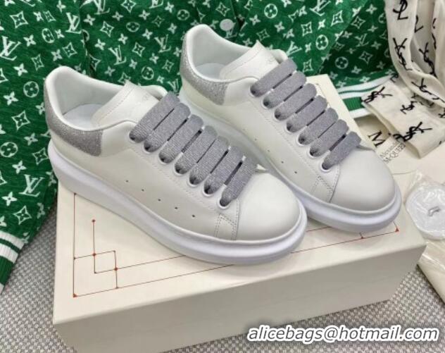 Grade Quality Alexander McQueen Oversized Sneakers in White Silky Calfskin with Sequins Suede Back Silver 072328