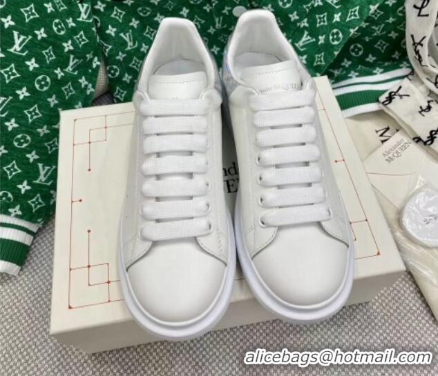 Discount Alexander McQueen Oversized Sneakers in White Silky Calfskin with Silver Shiny Back 072331 