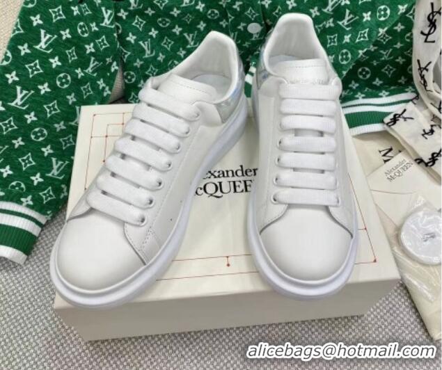 Discount Alexander McQueen Oversized Sneakers in White Silky Calfskin with Silver Shiny Back 072331 