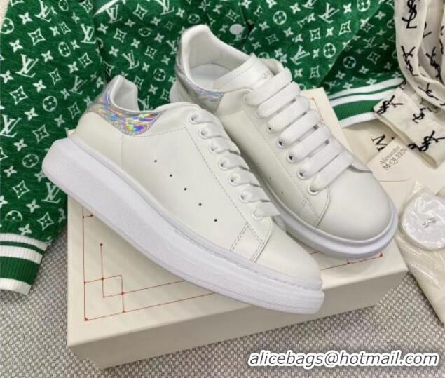 Discount Alexander McQueen Oversized Sneakers in White Silky Calfskin with Silver Shiny Back 072331 