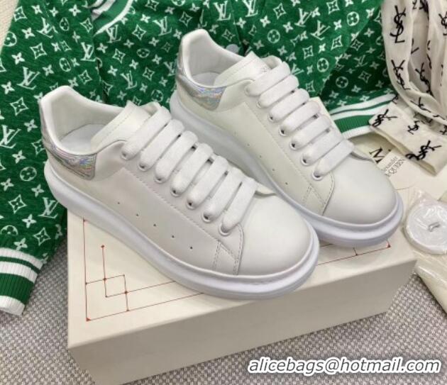 Discount Alexander McQueen Oversized Sneakers in White Silky Calfskin with Silver Shiny Back 072331 