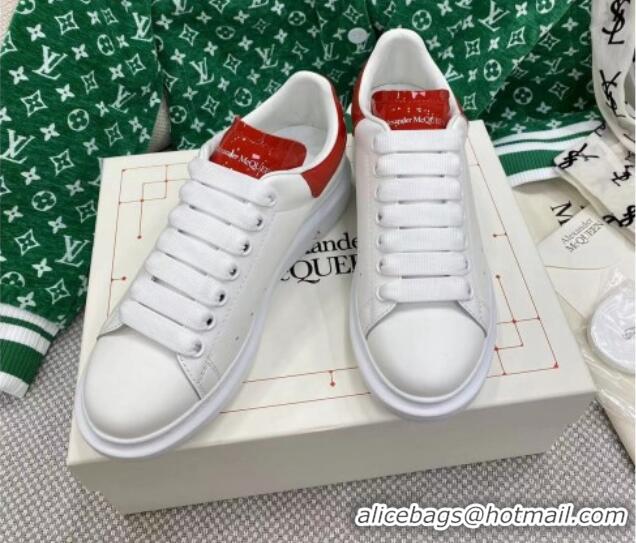 Classic Hot Alexander McQueen Oversized Sneakers in White Silky Calfskin with Red Shiny Back 072332