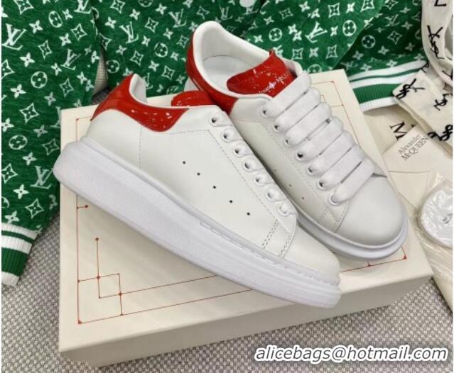 Classic Hot Alexander McQueen Oversized Sneakers in White Silky Calfskin with Red Shiny Back 072332