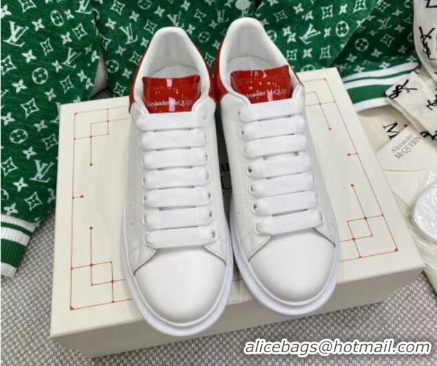 Classic Hot Alexander McQueen Oversized Sneakers in White Silky Calfskin with Red Shiny Back 072332