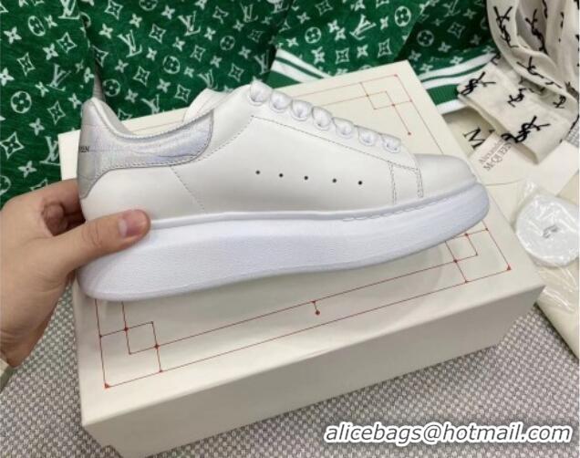 Best Product Alexander McQueen Oversized Sneakers in White Silky Calfskin with Silver Embossed Back 072334