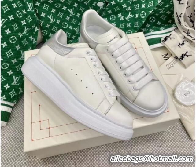 Best Product Alexander McQueen Oversized Sneakers in White Silky Calfskin with Silver Embossed Back 072334