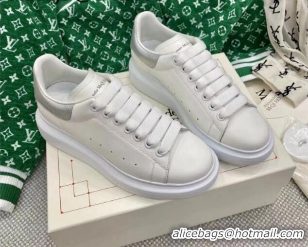 Best Product Alexander McQueen Oversized Sneakers in White Silky Calfskin with Silver Embossed Back 072334