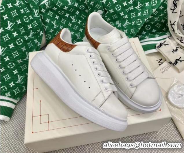 Pretty Style Alexander McQueen Oversized Sneakers in White Silky Calfskin with Brown Embossed Back 072335