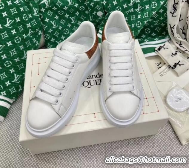 Pretty Style Alexander McQueen Oversized Sneakers in White Silky Calfskin with Brown Embossed Back 072335