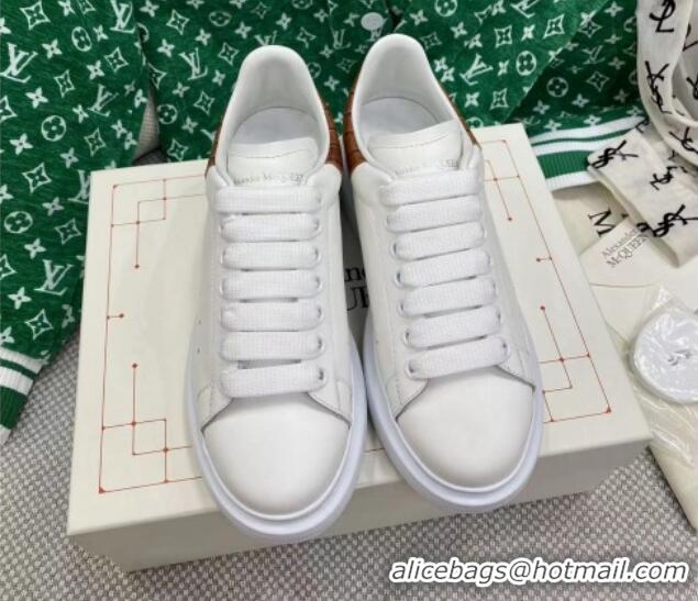 Pretty Style Alexander McQueen Oversized Sneakers in White Silky Calfskin with Brown Embossed Back 072335