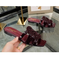 Unique Discount Saint Laurent Patent Leather Flat Slide Sandals Burgundy 070910