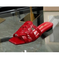 Charming Saint Laurent Patent Leather Flat Slide Sandals Red 070911