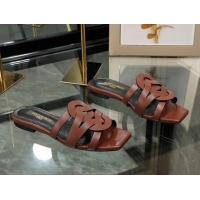 Grade Quality Saint Laurent Calskin Flat Slide Sandals Brown 2070915