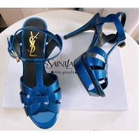 Stylish Saint Laurent Tribute Platform Sandals in Patent Grainy Leather 82303 Blue