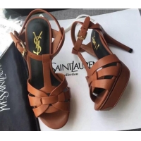 Stylish Saint Laurent Tribute Platform Sandals in Calfskin Leather 82317 Brown